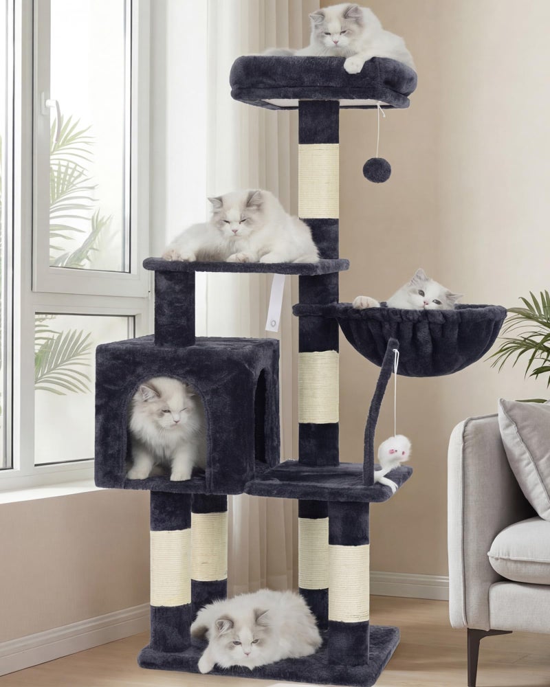 Heybly Cat Tree with Toy, Cat Tower Condo for Indoor Cats, Cat House with Padded Plush Perch, Cozy Hammock and Sisal Scratching Posts, Smoky Gray HCT004SG - Image 1
