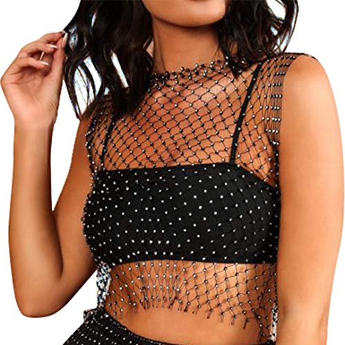 FlyCC Women Sexy Mesh Tank Tops Rhinestone Glitter See Through Hollow Out Crop Tops for Rave,Party,Clubwear - Image 1