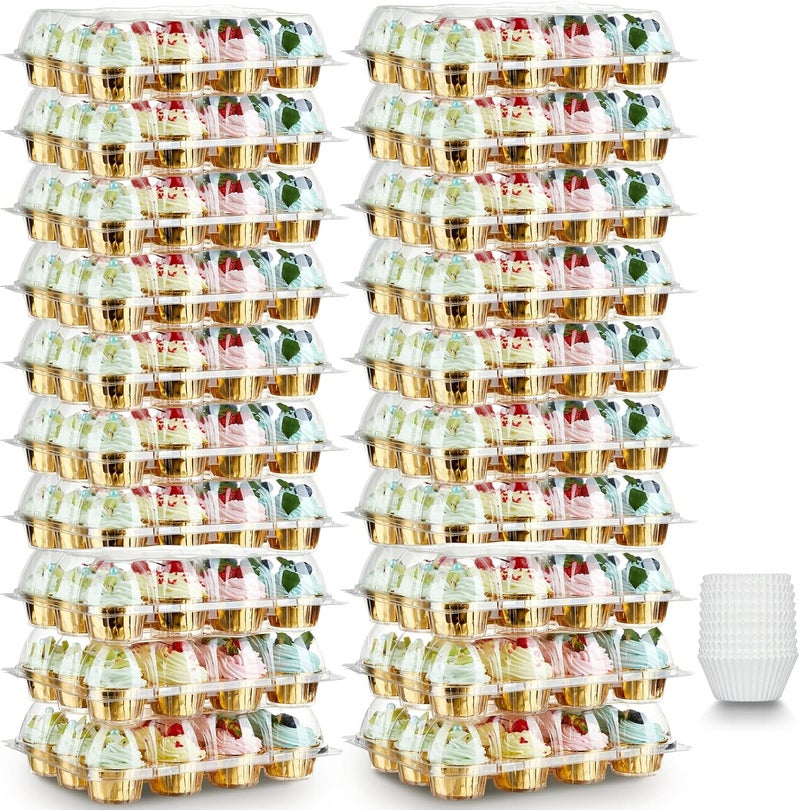 Gencywe (12 Pack x 20 Sets) Stackable Cupcake Carrier with 240 Pack Liners, Plastic Cupcake Boxes Holders for 12 Cupcakes, High Tall Dome Lid Cupcake Containers, Clear Disposable Cupcake Trays - Image 1
