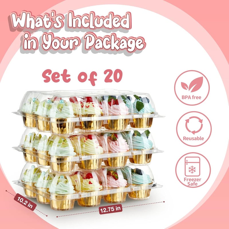 Gencywe (12 Pack x 20 Sets) Stackable Cupcake Carrier with 240 Pack Liners, Plastic Cupcake Boxes Holders for 12 Cupcakes, High Tall Dome Lid Cupcake Containers, Clear Disposable Cupcake Trays - Image 5