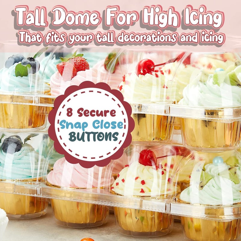 Gencywe (12 Pack x 20 Sets) Stackable Cupcake Carrier with 240 Pack Liners, Plastic Cupcake Boxes Holders for 12 Cupcakes, High Tall Dome Lid Cupcake Containers, Clear Disposable Cupcake Trays - Image 4