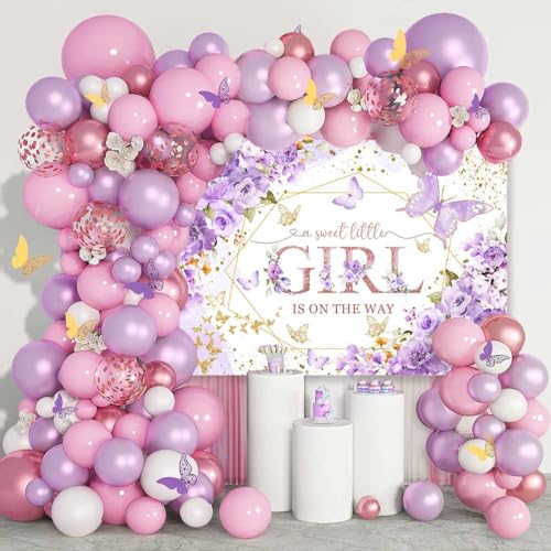 Sensfun Butterfly Baby Shower Backdrop A Sweet Little Girl is On The Way Photography Background Purple Butterfly Floral Princess Baby Shower Decorations Banner Party Supplies Photoshoot Props 7x5ft - Image 3