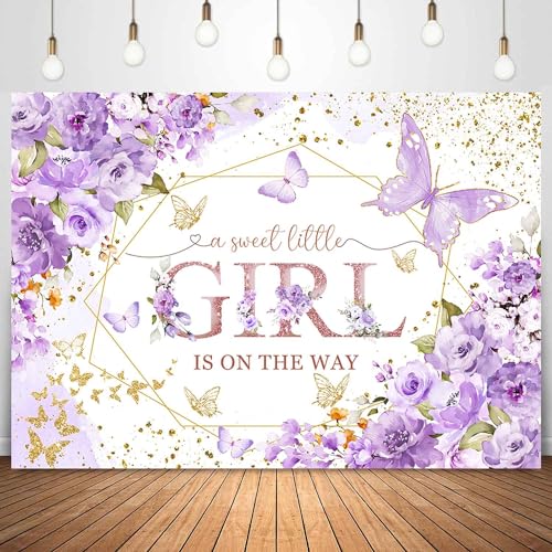 Sensfun Butterfly Baby Shower Backdrop A Sweet Little Girl is On The Way Photography Background Purple Butterfly Floral Princess Baby Shower Decorations Banner Party Supplies Photoshoot Props 7x5ft - Image 1
