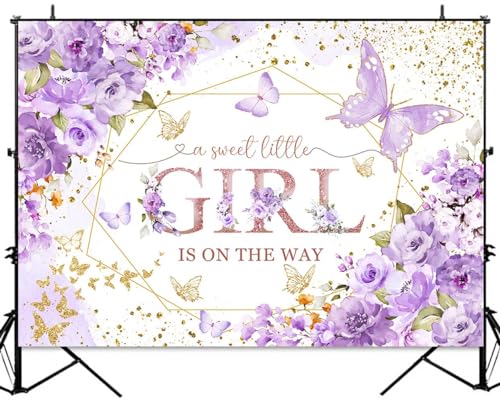 Sensfun Butterfly Baby Shower Backdrop A Sweet Little Girl is On The Way Photography Background Purple Butterfly Floral Princess Baby Shower Decorations Banner Party Supplies Photoshoot Props 7x5ft - Image 4