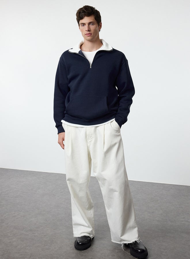 trendyol Navy Blue Oversize/Wide Cut Stand Collar Zippered Polar Fleece Inside/Warm Sweatshirt - Image 2