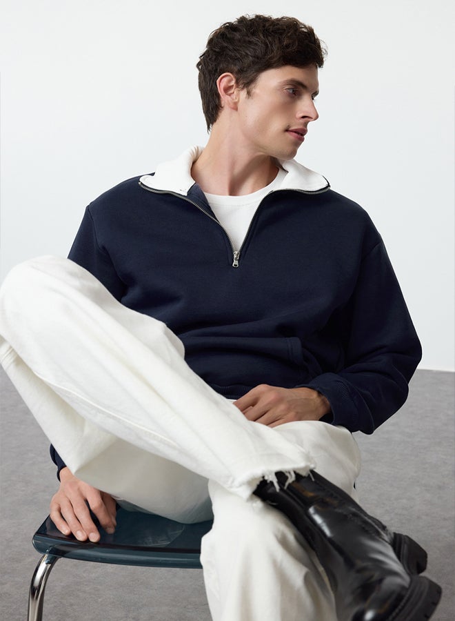 trendyol Navy Blue Oversize/Wide Cut Stand Collar Zippered Polar Fleece Inside/Warm Sweatshirt - Image 1