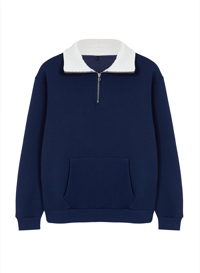 trendyol Navy Blue Oversize/Wide Cut Stand Collar Zippered Polar Fleece Inside/Warm Sweatshirt - Image 5