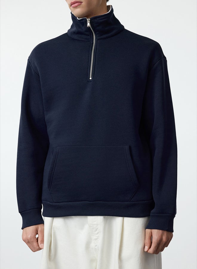 trendyol Navy Blue Oversize/Wide Cut Stand Collar Zippered Polar Fleece Inside/Warm Sweatshirt - Image 4