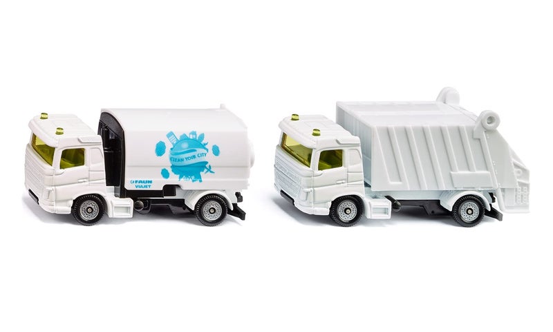 siku 1687, Municipal Set of Toy Trucks incl. Street Sweeper and Rubbish Truck, Faun Umwelttechnik, Metal/Plastic, White/Blue, Tiltable body and collection container - Image 1
