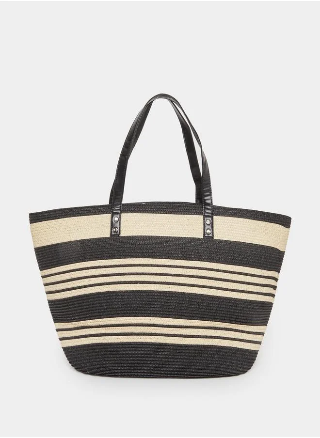 ستايلي Styli Striped Straw Shoulder Bag with Dual Handle