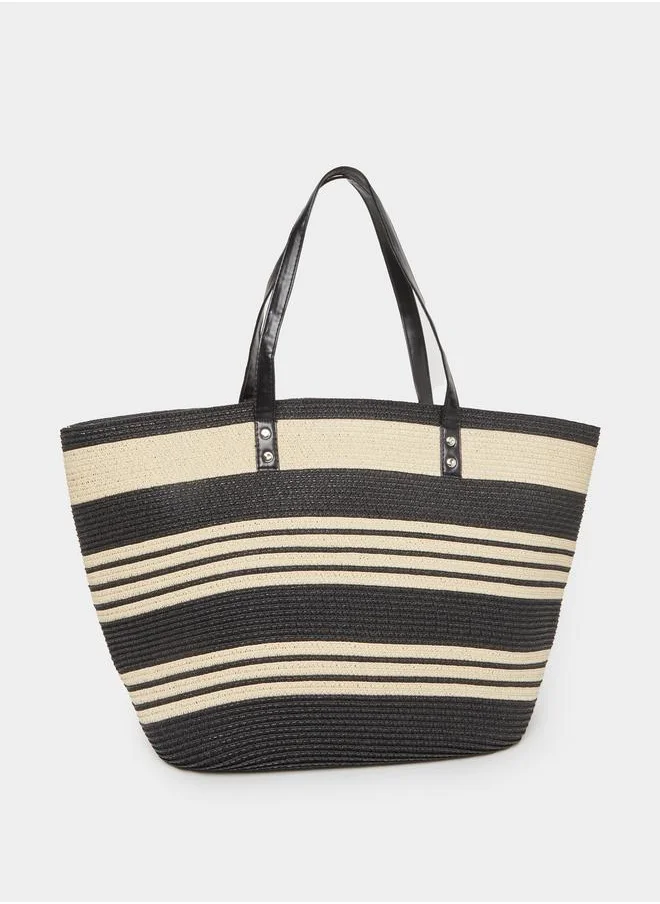 ستايلي Styli Striped Straw Shoulder Bag with Dual Handle