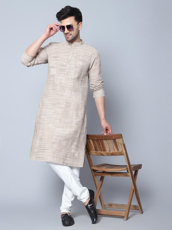 LATEST CHIKAN Men's Cotton Regular Fit Textured Long Kurta Full Sleeves - Casual Ethnic Wear -LK-NK-BG-40 Beige - Image 2