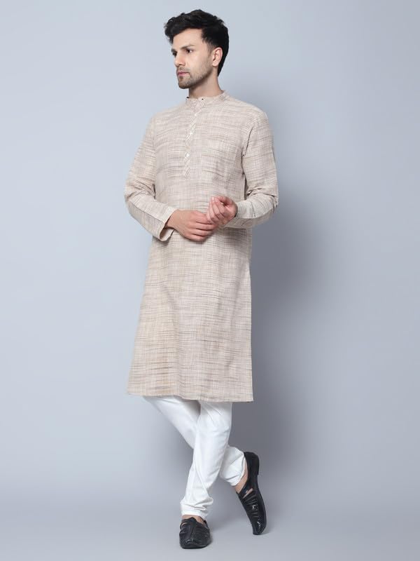 LATEST CHIKAN Men's Cotton Regular Fit Textured Long Kurta Full Sleeves - Casual Ethnic Wear -LK-NK-BG-40 Beige - Image 3