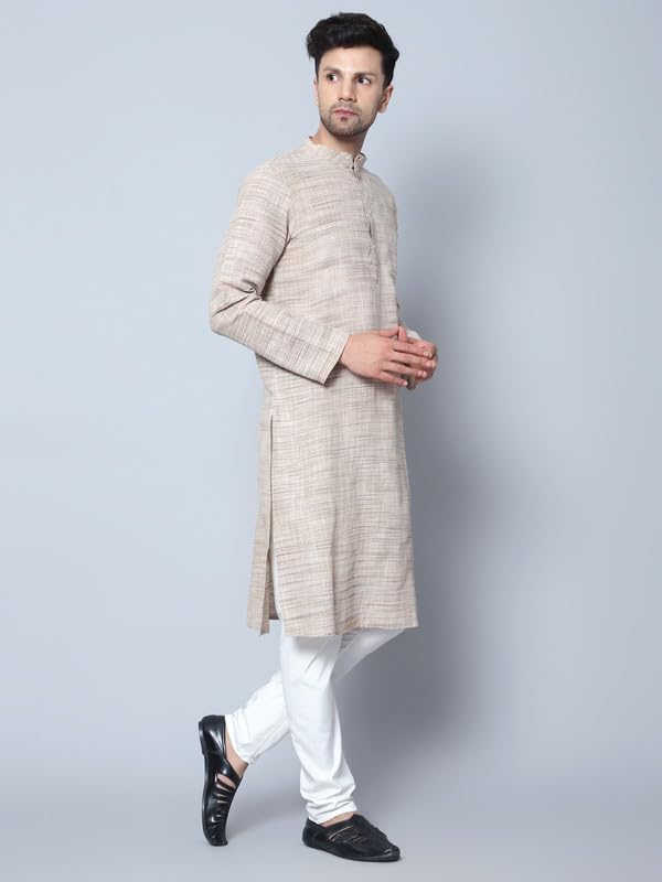 LATEST CHIKAN Men's Cotton Regular Fit Textured Long Kurta Full Sleeves - Casual Ethnic Wear -LK-NK-BG-40 Beige - Image 4