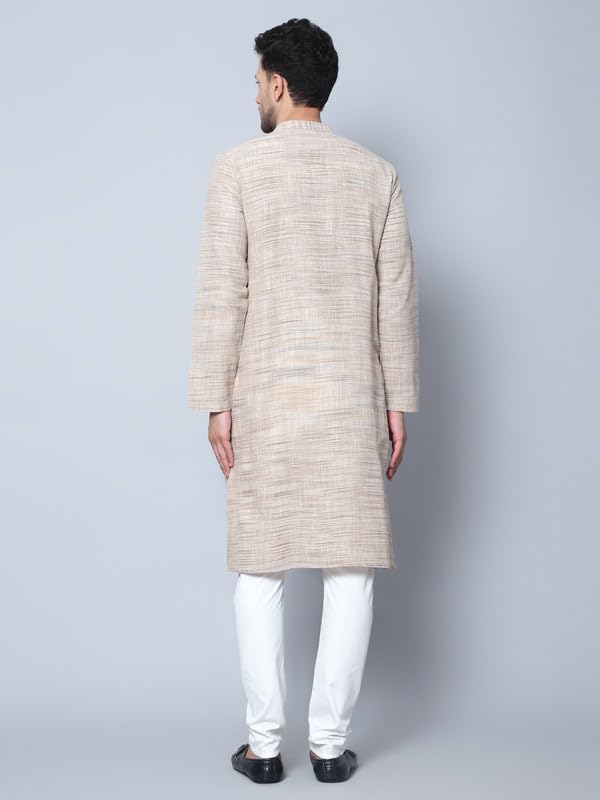 LATEST CHIKAN Men's Cotton Regular Fit Textured Long Kurta Full Sleeves - Casual Ethnic Wear -LK-NK-BG-40 Beige - Image 5