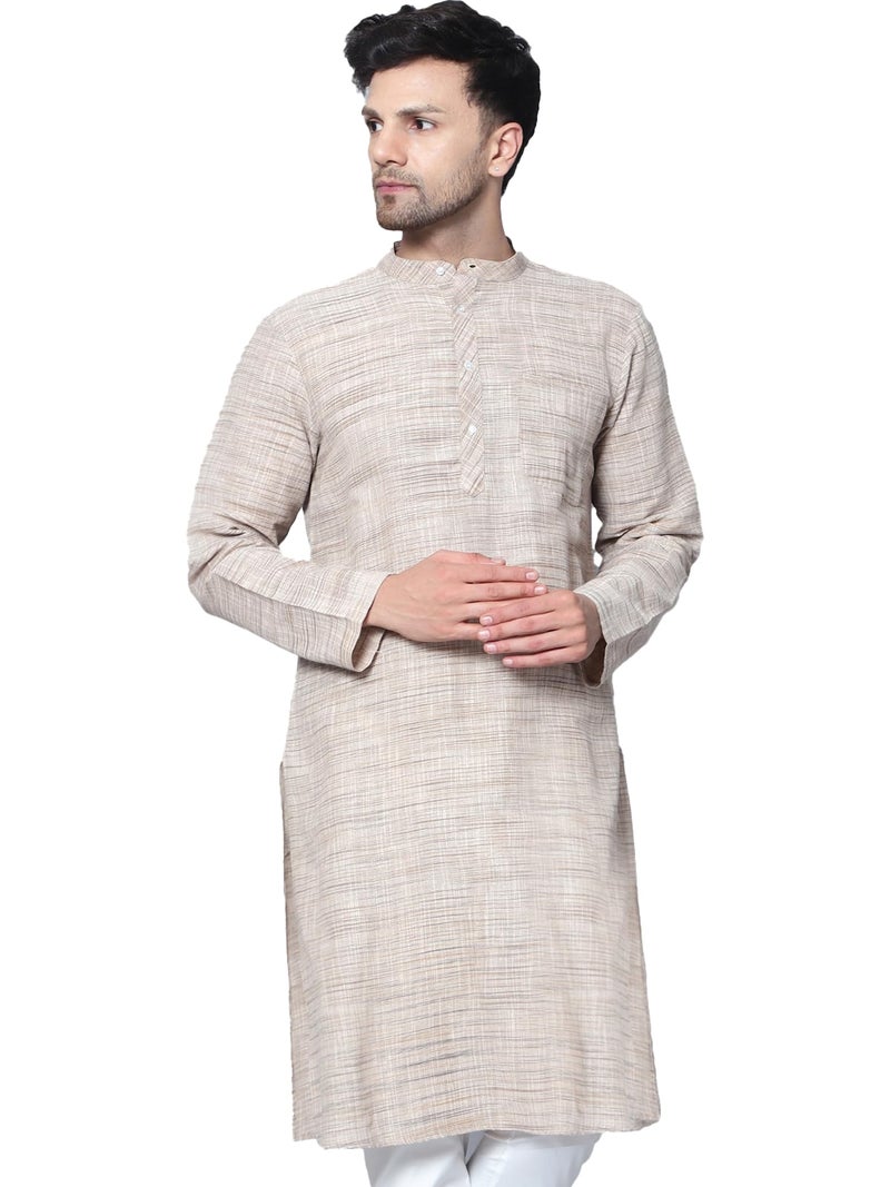 LATEST CHIKAN Men's Cotton Regular Fit Textured Long Kurta Full Sleeves - Casual Ethnic Wear -LK-NK-BG-40 Beige - Image 1
