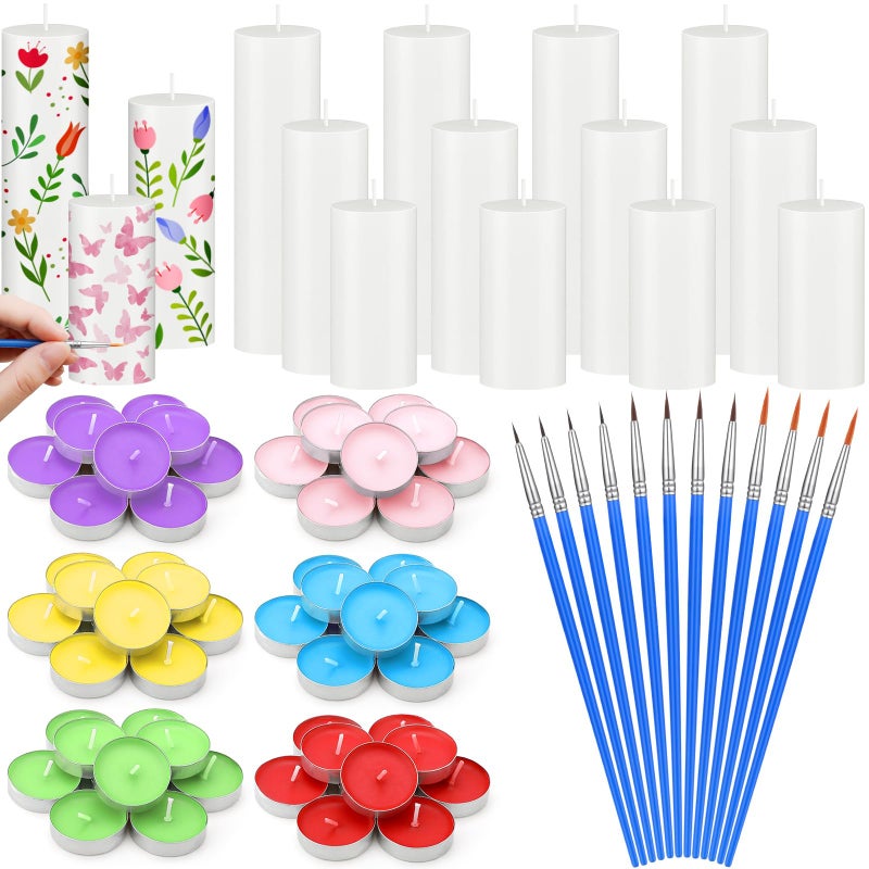 ميتلي مجموعة طلاء الشموع MTLEE المكونة من 84 قطعة، تتضمن 12 شمعة بيضاء عمودية، و60 شمعة صغيرة ملونة، و12 فرشاة طلاء للأعمال اليدوية، وتزيين طاولات حفلات أعياد الميلاد وحفلات الزفاف (2 بوصة × 4، 2 بوصة × 6، 2 بوصة × 8). - Image 1