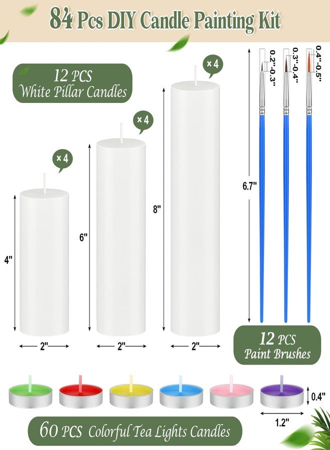 ميتلي مجموعة طلاء الشموع MTLEE المكونة من 84 قطعة، تتضمن 12 شمعة بيضاء عمودية، و60 شمعة صغيرة ملونة، و12 فرشاة طلاء للأعمال اليدوية، وتزيين طاولات حفلات أعياد الميلاد وحفلات الزفاف (2 بوصة × 4، 2 بوصة × 6، 2 بوصة × 8). - Image 4