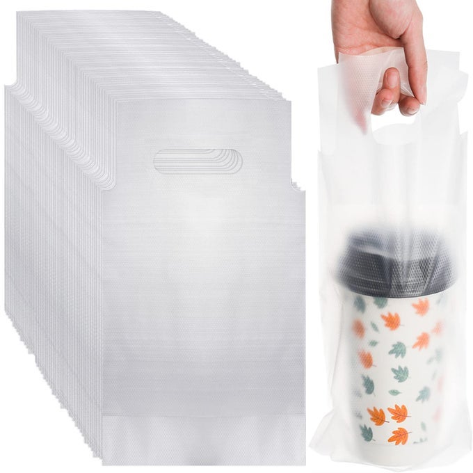 500 PACK HANDLE DRINKING POLY BAGS CLEAR CUP CARRIER WITH HANDLE PLASTIC DRINK PACKAGING BAGS CUP HOLDER FOR DELIVERY 6L X 11H TAKE OUT HANGING HOLE BEVERAGE CARRIER FOR SINGLE CUP COFFEE