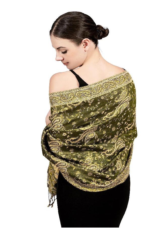 Achillea - Achillea Soft Silky Reversible Paisley Pashmina Shawl Wrap Scarf w/Fringes (Dark Olive) - Image 1