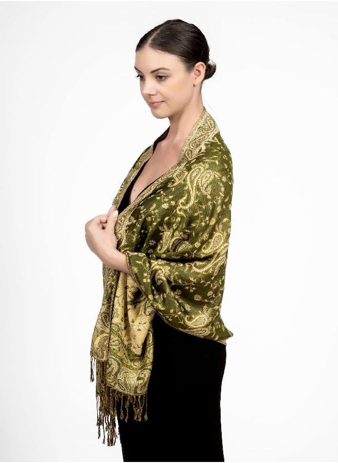 Achillea - Achillea Soft Silky Reversible Paisley Pashmina Shawl Wrap Scarf w/Fringes (Dark Olive) - Image 1