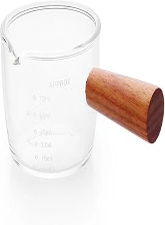 High Borosilicate Heat Resistant Espresso Shot Glass Measuring Milk Cup -75ml -Triple Pitcher Milk Cups- With Wooden Handle-1 Piece 