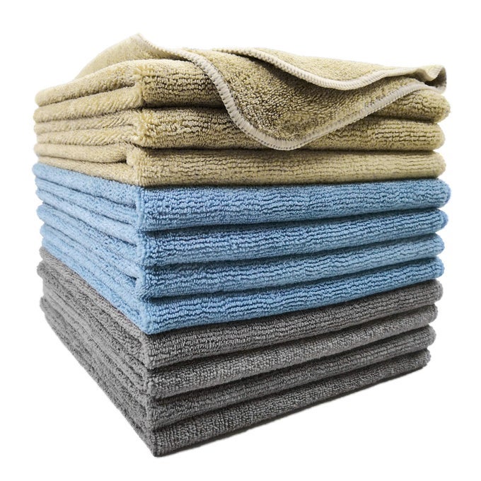 PROFESSIONAL MICROFIBER CLEANING CLOTH 14 X 14 IN BLUE CAMEL GRAY 12 PACK