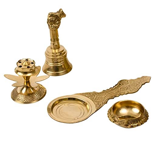 Spillbox Traditional Brass Combo of Nandi Bell | Ghanti Incense Stick Holder | Agarbatti Dhoop, Kapoor Aarti Spoon and Brass Diya for Puja(KUBER-BKD) - Image 2