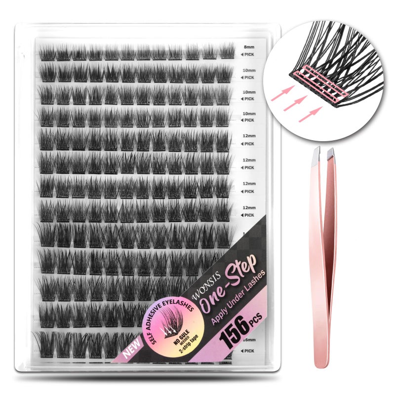 WONSIS Self Adhesive Eyelashes 156 Pcs Self Adhesive Eyelash Clusters No Glue Needed Invisible 2Strip Tape  Longer Lasting No Sticky Residue Pre Glued Eyelashes VolumeMixed
