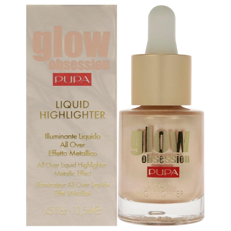 PUPA Milano Glow Obsession Liquid Face Highlighter - Stunning Glowing-From-Within Look - Luminous Baked Powder - Lightweight All-Over Powder, Highlight, Blush, And Bronzer - 002 Moon Light - 0.45 OZ