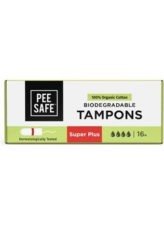 PEE SAFE Pee Safe Biodegradable 100% Organic Cotton Tampons Super Plus(Pack of 16) | for Very Heavy Flow | Organic Tampons | Cotton Tampons | Non Applicator Tampons | Free of Chlorine Bleach & Dyes 