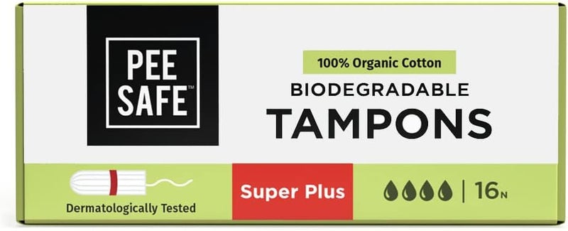PEE SAFE Pee Safe Biodegradable 100% Organic Cotton Tampons Super Plus(Pack of 16) | for Very Heavy Flow | Organic Tampons | Cotton Tampons | Non Applicator Tampons | Free of Chlorine Bleach & Dyes 