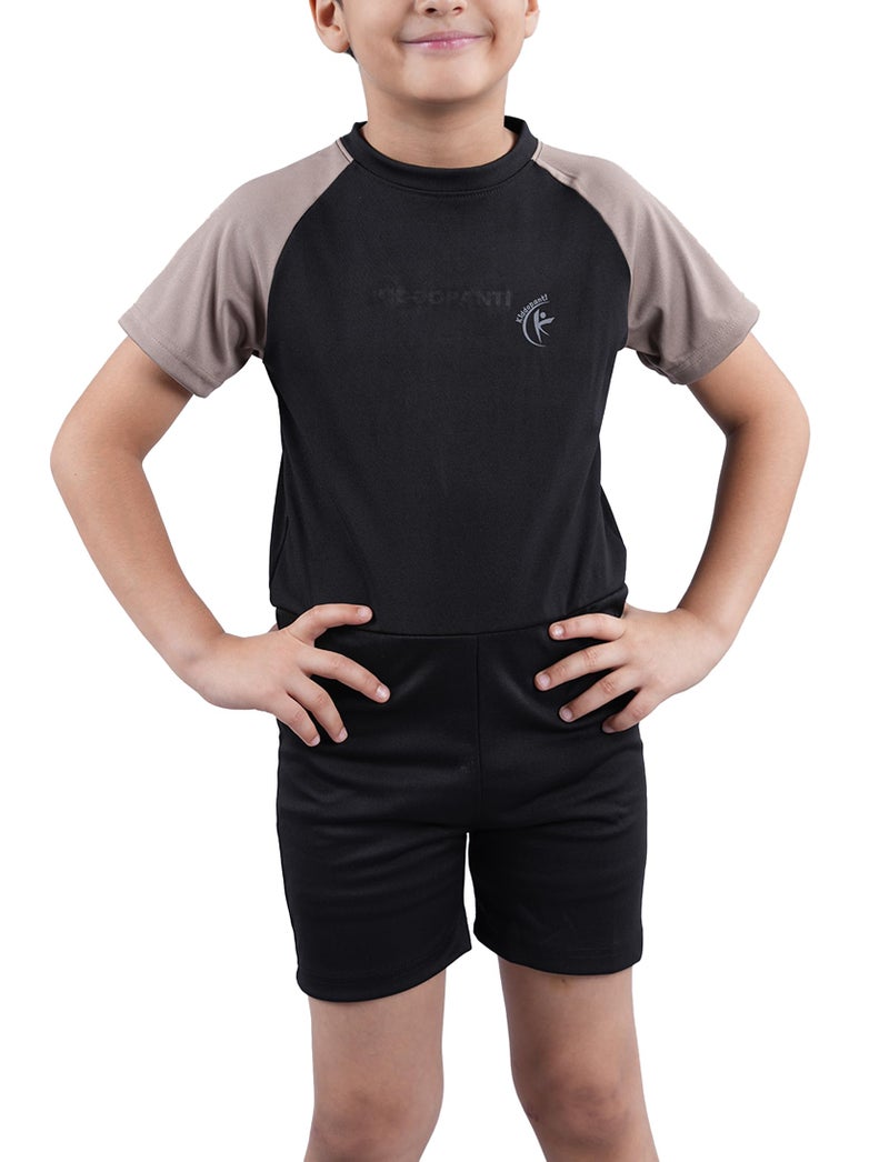 KiddoPanti Boys & Girls Half Sleeve Mid Thigh Length Swim Suit, Black & Lt Brown, 12-14Y - Image 3