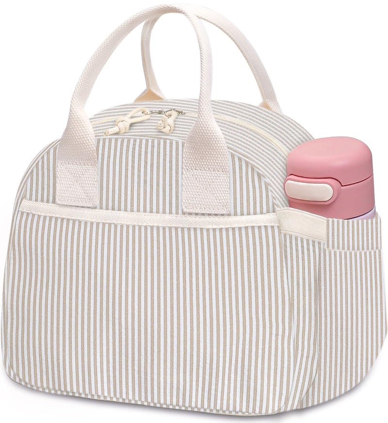 Carry bloom Lunch Box for Women, Insulated Lunch Bag Cute Corduroy Lunchbag Reusable Lunchbox for Work (1 brown white stripes) - Image 1