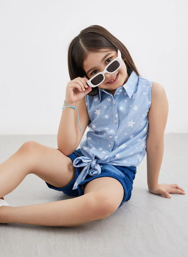 ستايلي Styli Star Print Denim Shirt and Shorts Set