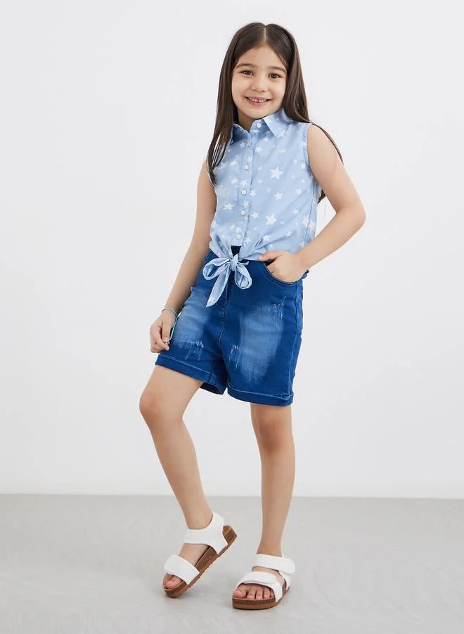 ستايلي Styli Star Print Denim Shirt and Shorts Set