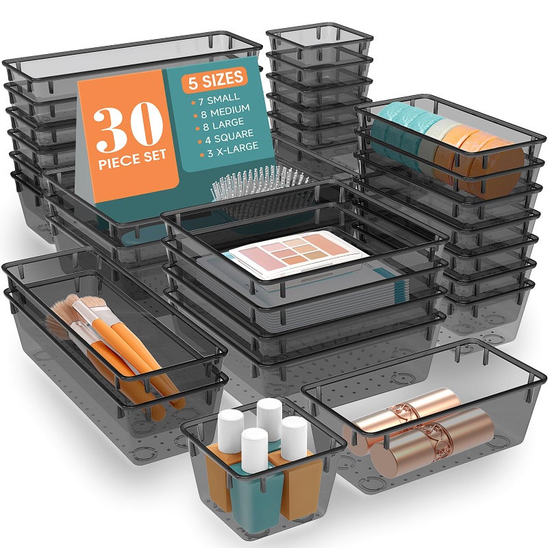 WOWBOX 30 PCS Clear Plastic Drawer Organizer Set 5 Sizes Desk Drawer Divider Organizers and Storage Bins for Makeup Jewelry Gadgets for Kitchen Bedroom Bathroom Office Black