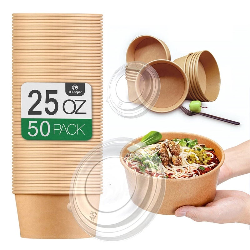 TOPtoper 50 Pack 25 Oz Large Paper Bowls with Lids, Disposable Soup Serving Bowls Bulk Party Supplies for Hot/Cold Food, Soup (25 OZ) - Image 1