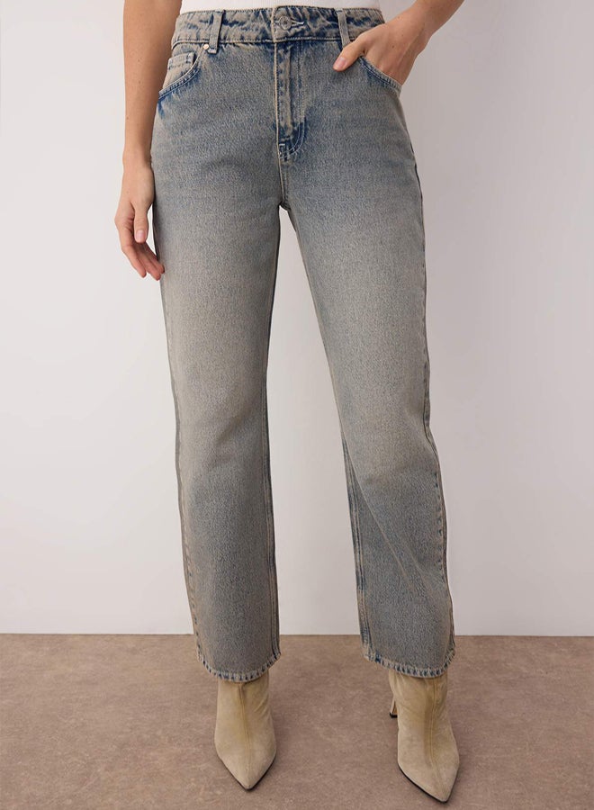 trendyol Grey Blue Regular Waist Vintage Wash Effect Straight Jeans - Image 3