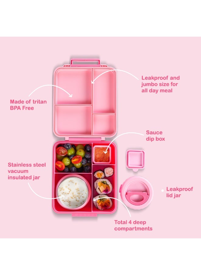 Eazy Kids Jumbo Bento Lunch Box w/ Thermos & Dip Jar- Pink - Image 3