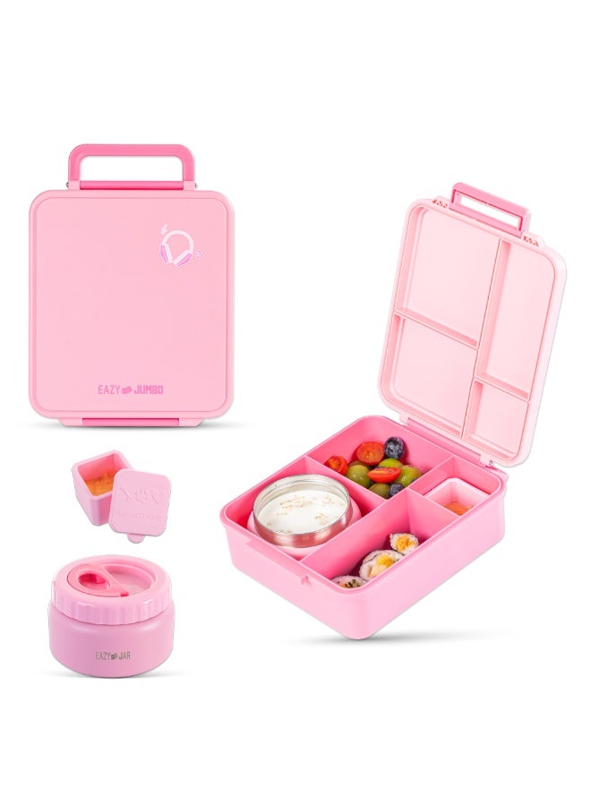 Eazy Kids Jumbo Bento Lunch Box w/ Thermos & Dip Jar- Pink - Image 1