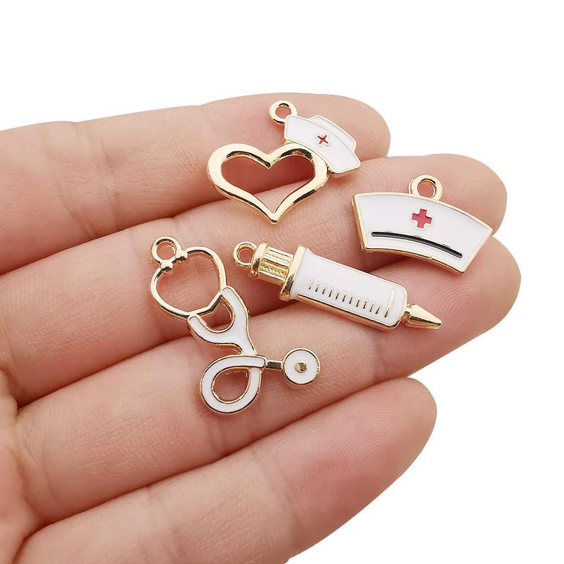 32pcs Gold Plated Enamel Medical Nurse Charms Stethoscope Syringe Nurse Cap Hat Charms for Jewelry Making Crafting Findings Accessory for DIY Necklace Bracelet M430