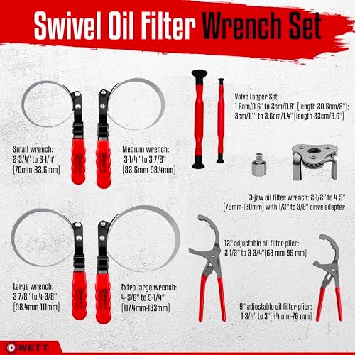 WETT Swivel Oil Filter Wrench Set 9Piece Standard Oil Filter Removal Tool with Adjustable Oil Filter Plier and Valve Lapper Stainless Steel Remover Pliers 234 to 514 - Image 3