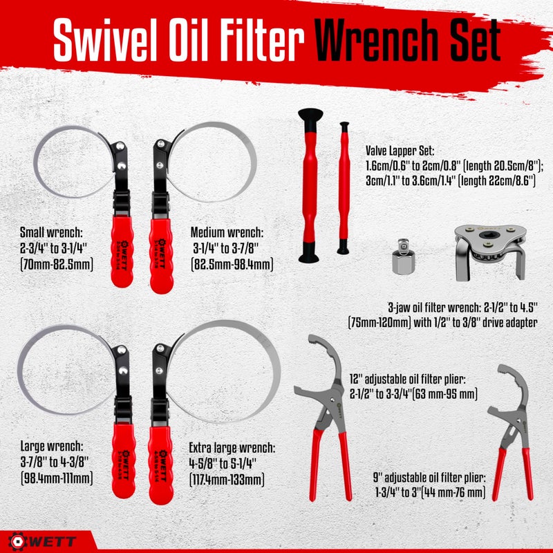 WETT Swivel Oil Filter Wrench Set 9Piece Standard Oil Filter Removal Tool with Adjustable Oil Filter Plier and Valve Lapper Stainless Steel Remover Pliers 234 to 514 - Image 4