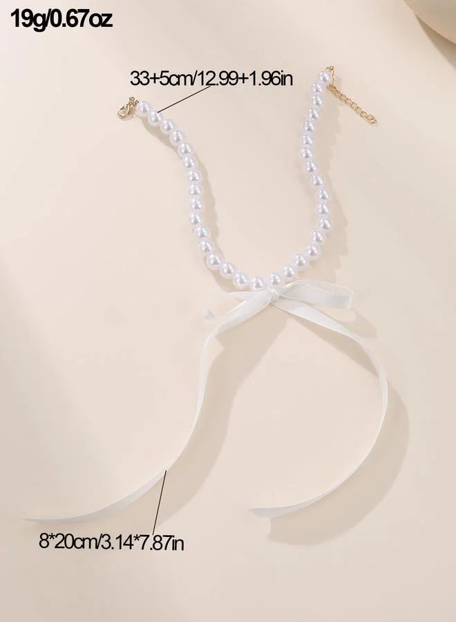 Take Two  Pearl Beaded Necklace with White Ribbon for Women | Best Price UAE