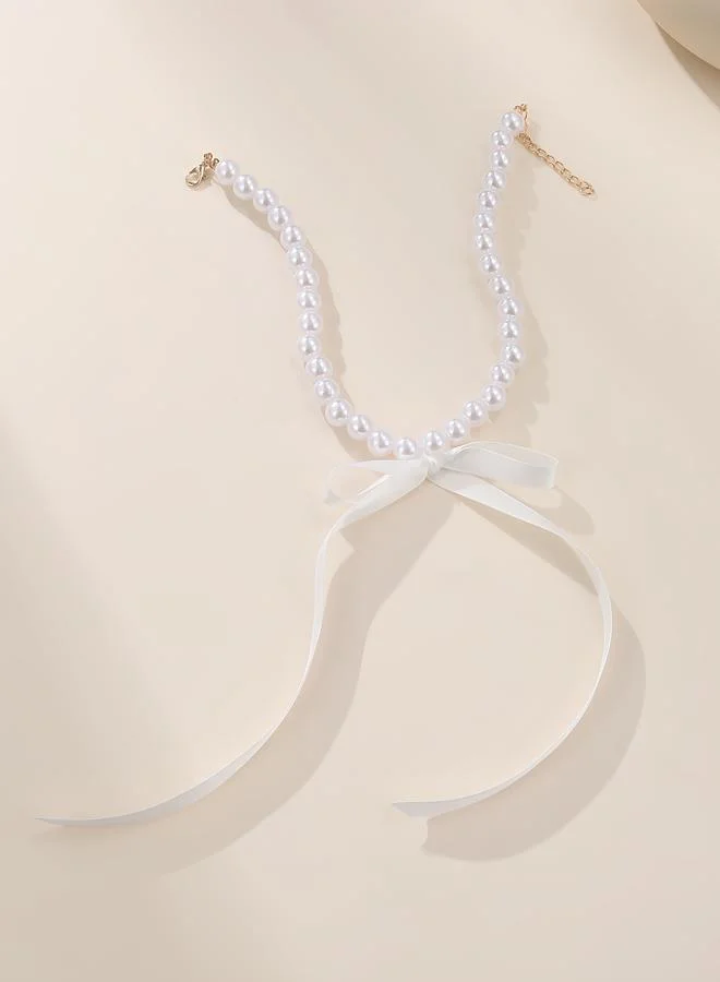Take Two  Pearl Beaded Necklace with White Ribbon for Women | Best Price UAE