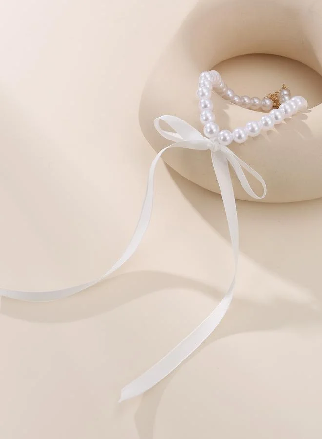 تايك تو Pearl Beaded Necklace with White Ribbon