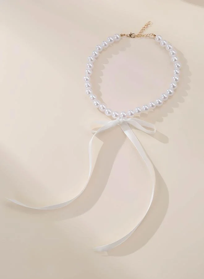 Take Two  Pearl Beaded Necklace with White Ribbon for Women | Best Price UAE