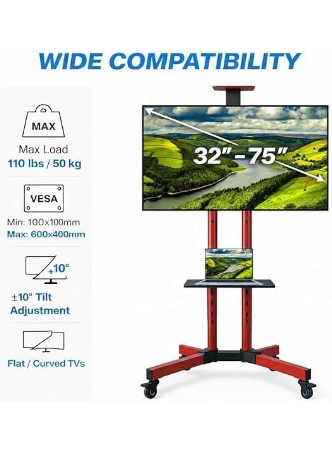 بيتيك حامل تلفزيون متحرك للشاشات من 32 إلى 75 بوصة، عربة تلفزيون بعجلات قوية التحمل، يدعم مقاس VESA حتى 600×400، زاوية إمالة ±10°، حمولة قصوى 50 كجم، ارتفاع قابل للتعديل، مزود بعجلات قابلة للقفل | T1500R - Image 3