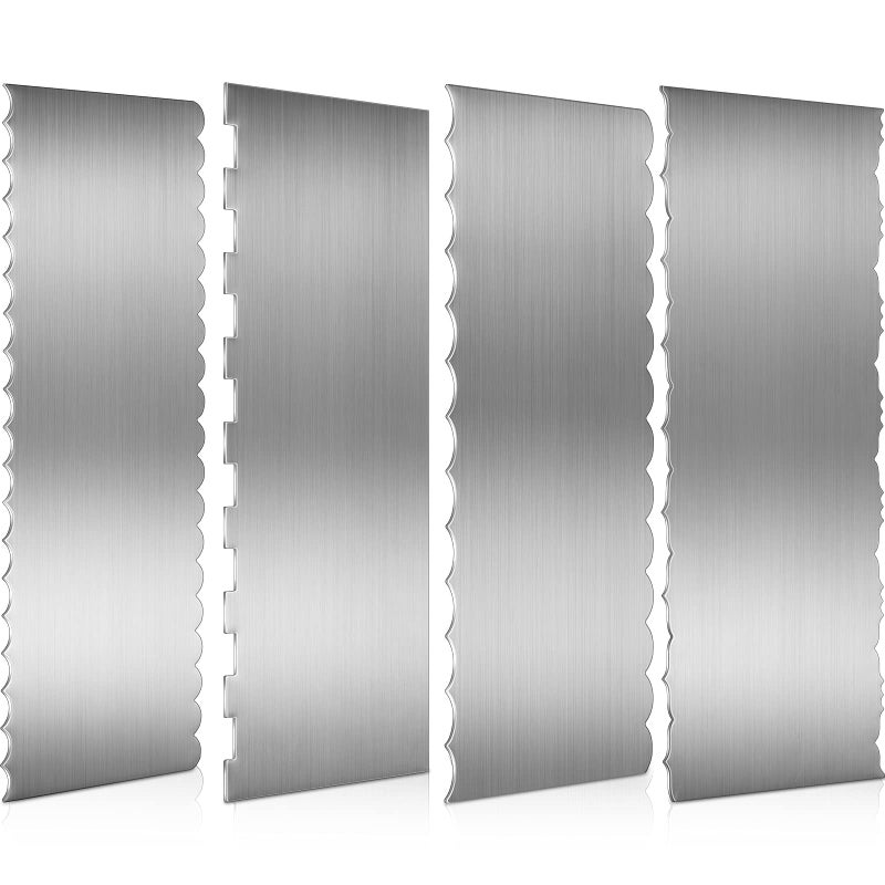 Geiserailie 4 Pieces Stainless Steel Cake Scraper Smoother Large Double Sided Patterned Edge Stripe 9 Inch Metal Cake Decorating Comb for Icing Mousse Butter Cream Decoration, 4 Styles - Image 1